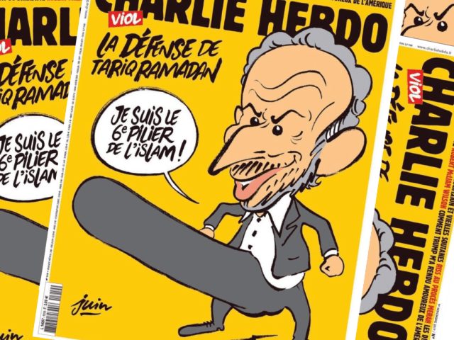 The full sized cartoon caricature is provocative in the way Charlie Hebdo's addresses any Islamic issue