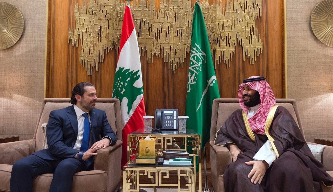 Saudi Crown Prince Mohammed bin Salman, right, meets with Lebanese Prime Minister Saad