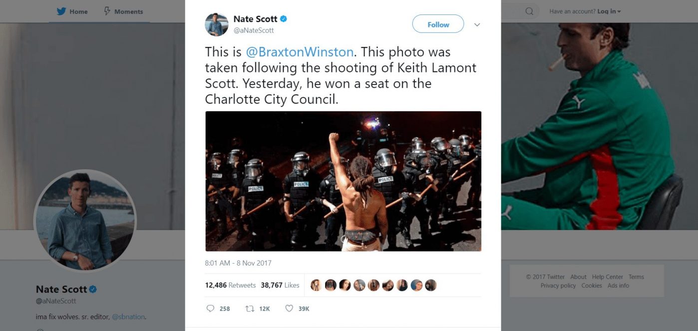 Nate Scott Twitter profile showing a tweet e posted on Nov 8th 2017