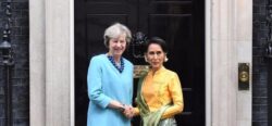 British Prime Minister Theresa May greets Burmese leader Aung San Suu Kyi outside 10 Downing street