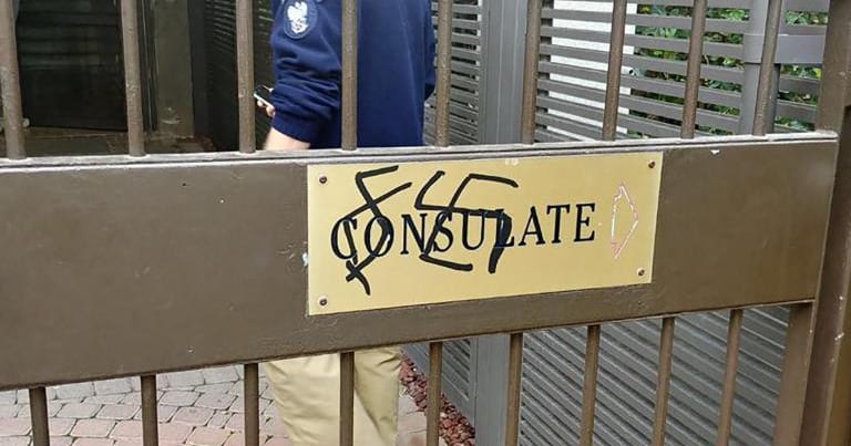 Polish embassy Vandalised in Israel with Swastikas & Profanities