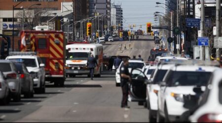Law enforcement and first responders on scene in downtown Toronto after a van plows into pedestrians on April 23.
