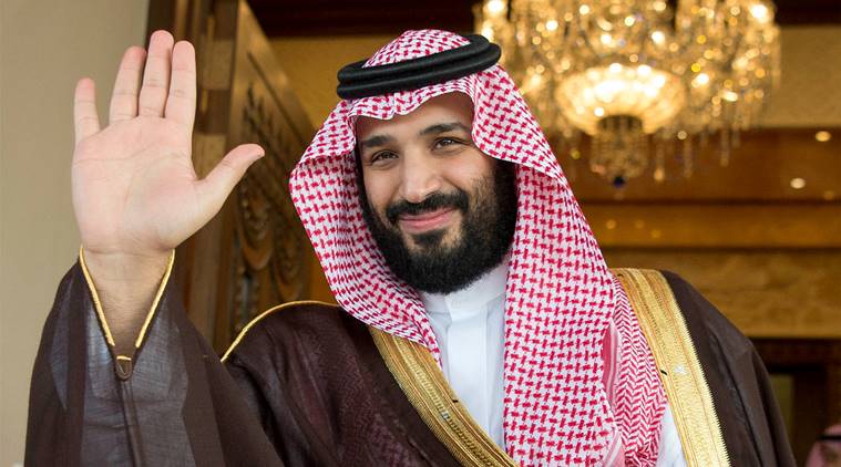 EU Crown Prince Mohammed bin Salman waves as he meets Jared Kushner and the US led peace envoy in search for middle East Peace