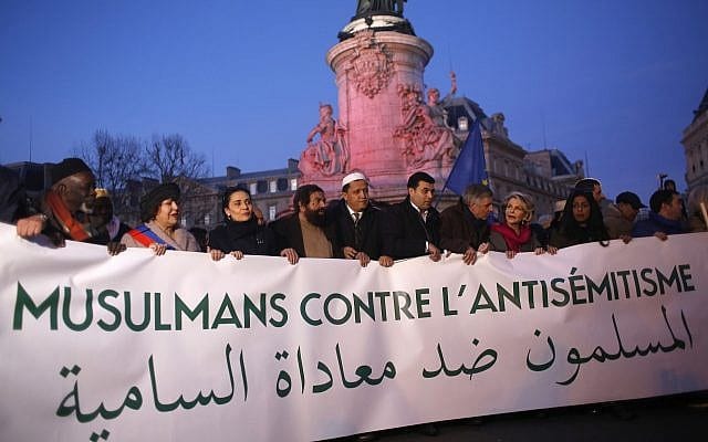 French Muslim gather at the 'Republique square' to protest against anti-Semitism in Paris