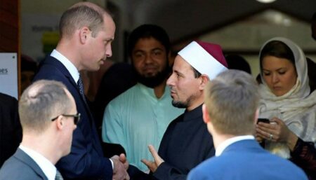 Prince William was welcomed to the mosque by the Imam Gamel Fouda, Prime Minister Jacinda Ardern and attack survivor Farid Ahmed whose wife was killed