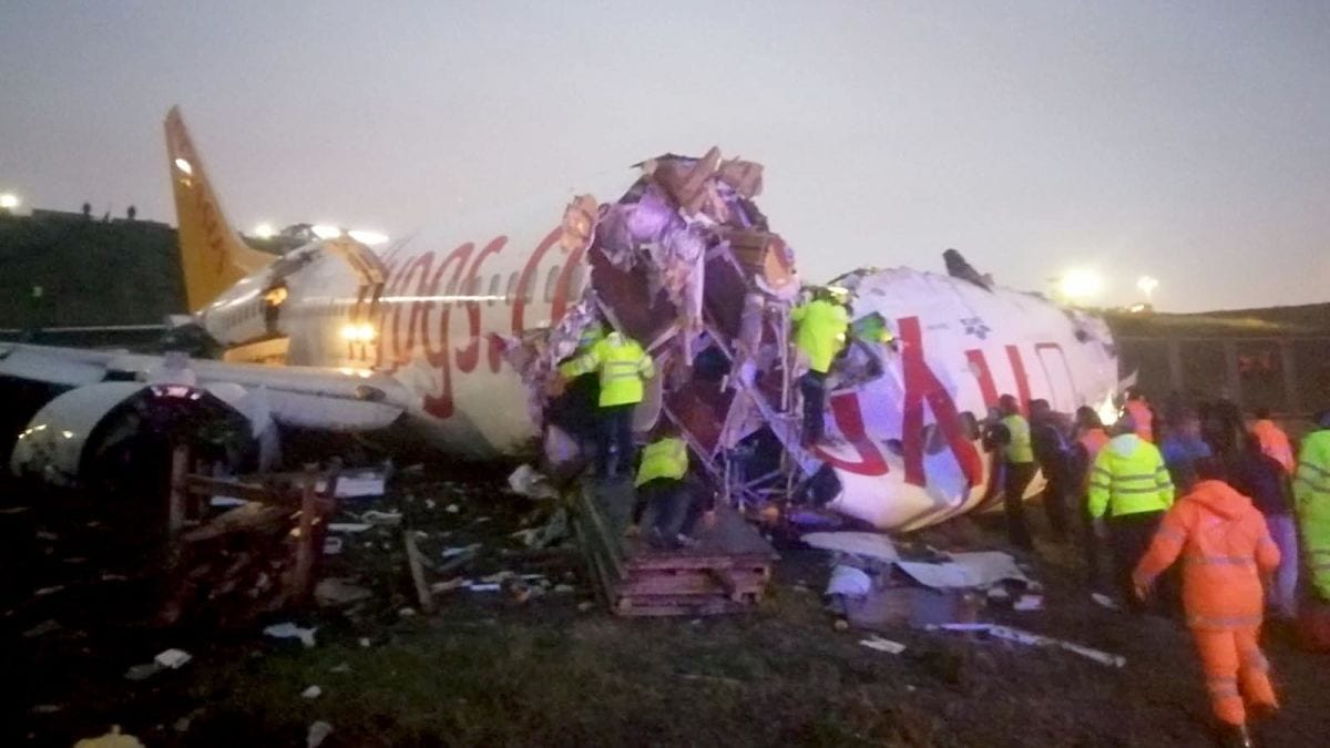 A plane carrying 177 passengers skidded off the runway at an Istanbul airport and split into two after landing