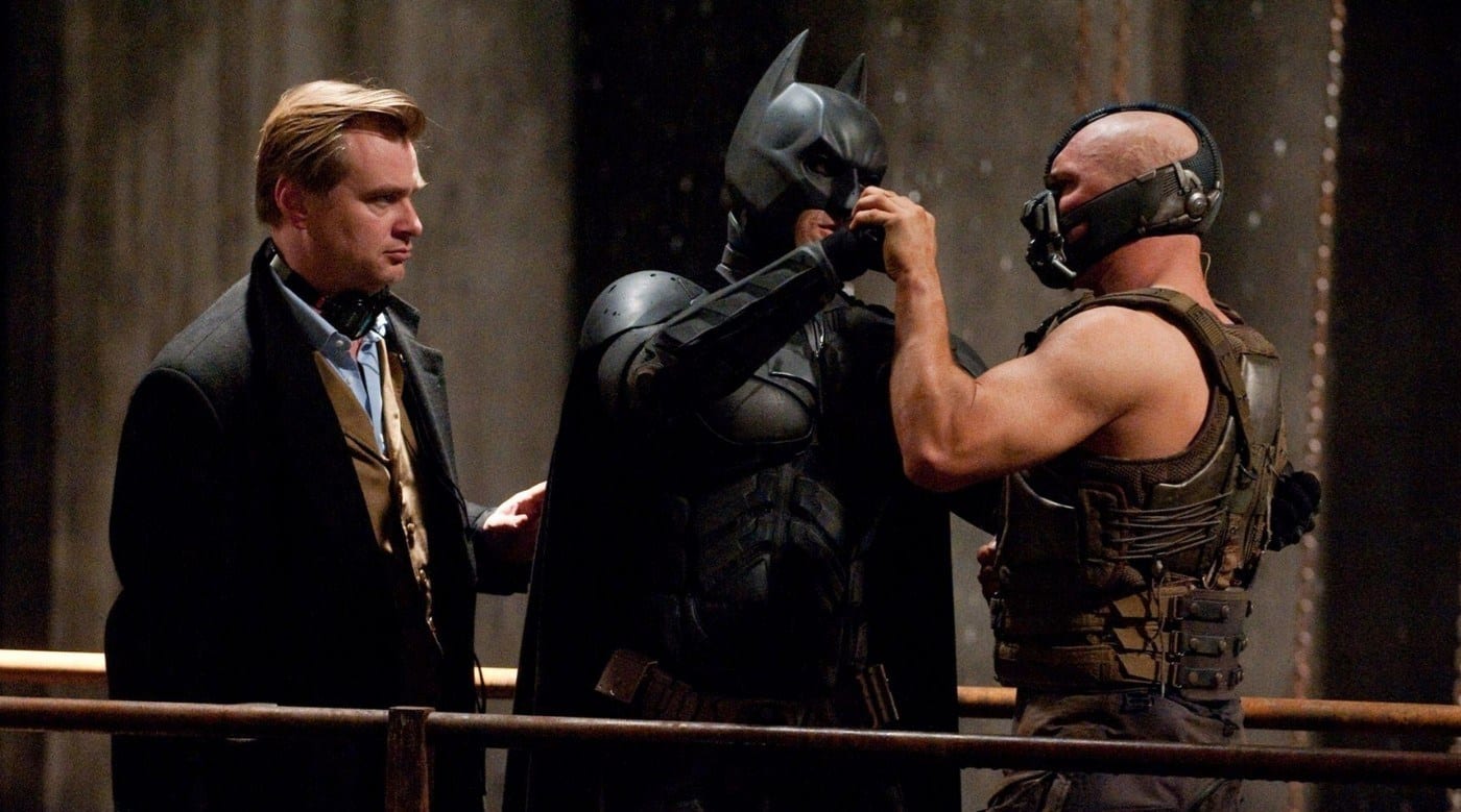 Christopher Nolan, Tom Hardy, Christian Bale on set of The Dark Knight Rises