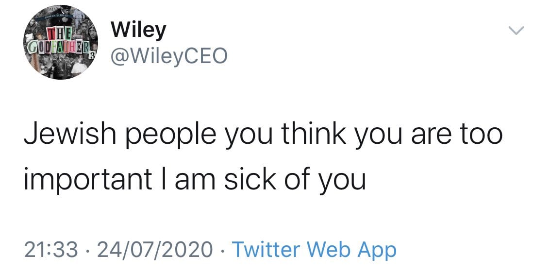Grime artist Wiley dropped by management after vile antisemitic Twitter rant - some tweet