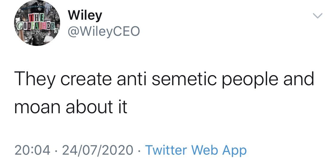 Grime artist Wiley dropped by management after vile antisemitic Twitter rant- tweet 3