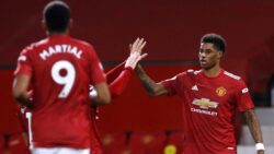 Rashford celebrates Manchester United's first goal from Sunday's Premier League results