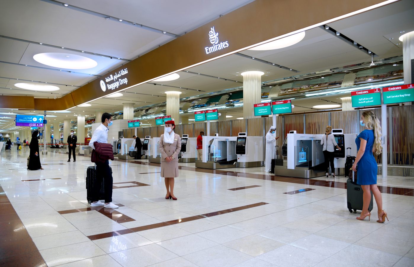 Emirates has introduced a 'Travel Pass' for airlines requiring covid testing boost for the travel industry 2021 and s self –check in and bag drop kiosks for a more seamless airport experience at Terminal 3, Dubai International Airport.