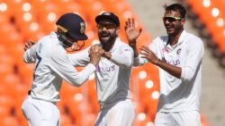 Axar Patel celebrates taking one of his 4 wickets on the first day of test 4 between England and India