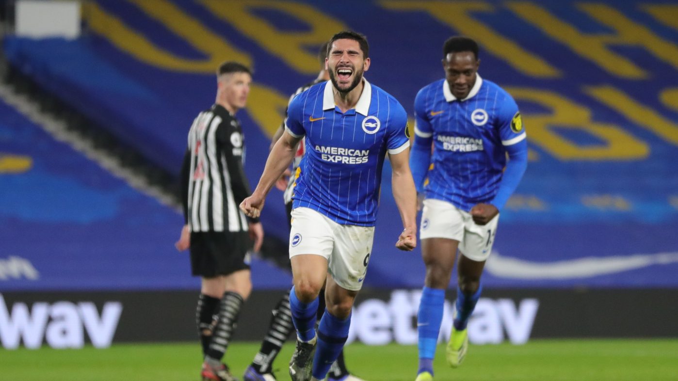 Saturday night's Premier League fixture between Brighton and Newcastle - Maupay celebrates