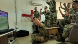 Brit soldiers in Somalia jump up & down as they celebrate England’s victory