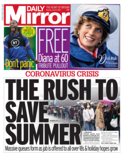Daily Mirror – The rush to save summer, under-18s flock to get jab