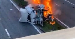 After a huge motorway crash, a lorry explodes into a fireball