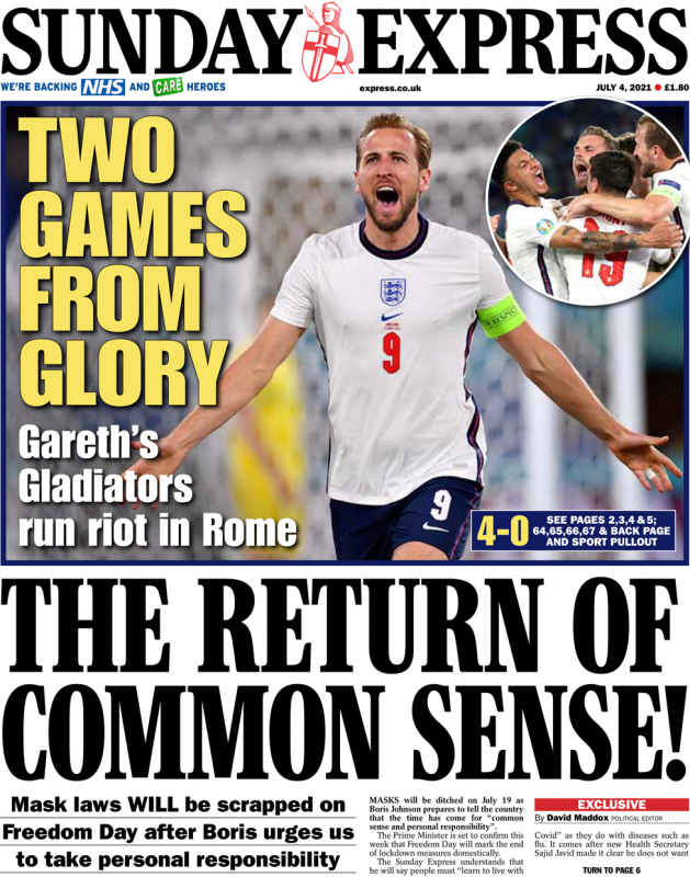 Sunday Papers: Euro’s 2020 -England roar in Rome - End of Covid restrictions