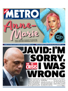 The Metro – Sajid Javid: ‘I’m sorry I was wrong’