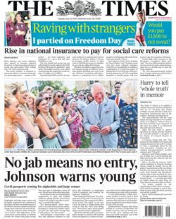 The Times – No jab means No entry – Johnson warns