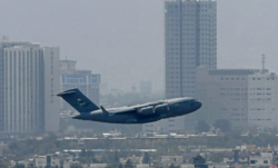 The Taliban Celebrate as All US troops leave Afghanistan - An US air force aircraft takes off from the airport in Kabul