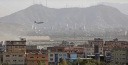 A military aircraft takes off from the military airport in Kabul on August 27, 2021. (AFP) Several rockets fired at Kabul airport as evacuation winds down