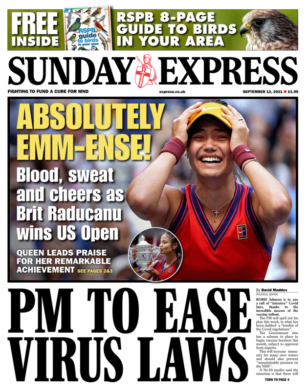 Sunday Papers - Travel tests scrapped, jabs at school ‘in two weeks’, Emma Raducanu wins US Open