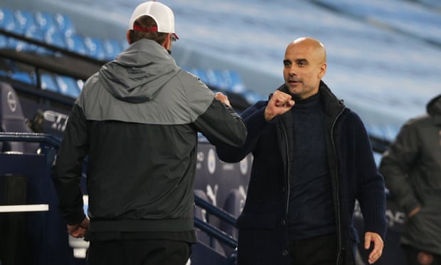 Pep Guardiola with Jürgen Klopp at the Etihad last season. ‘There are some managers, Jürgen is one, to challenge you,’ said the Manchester City manager