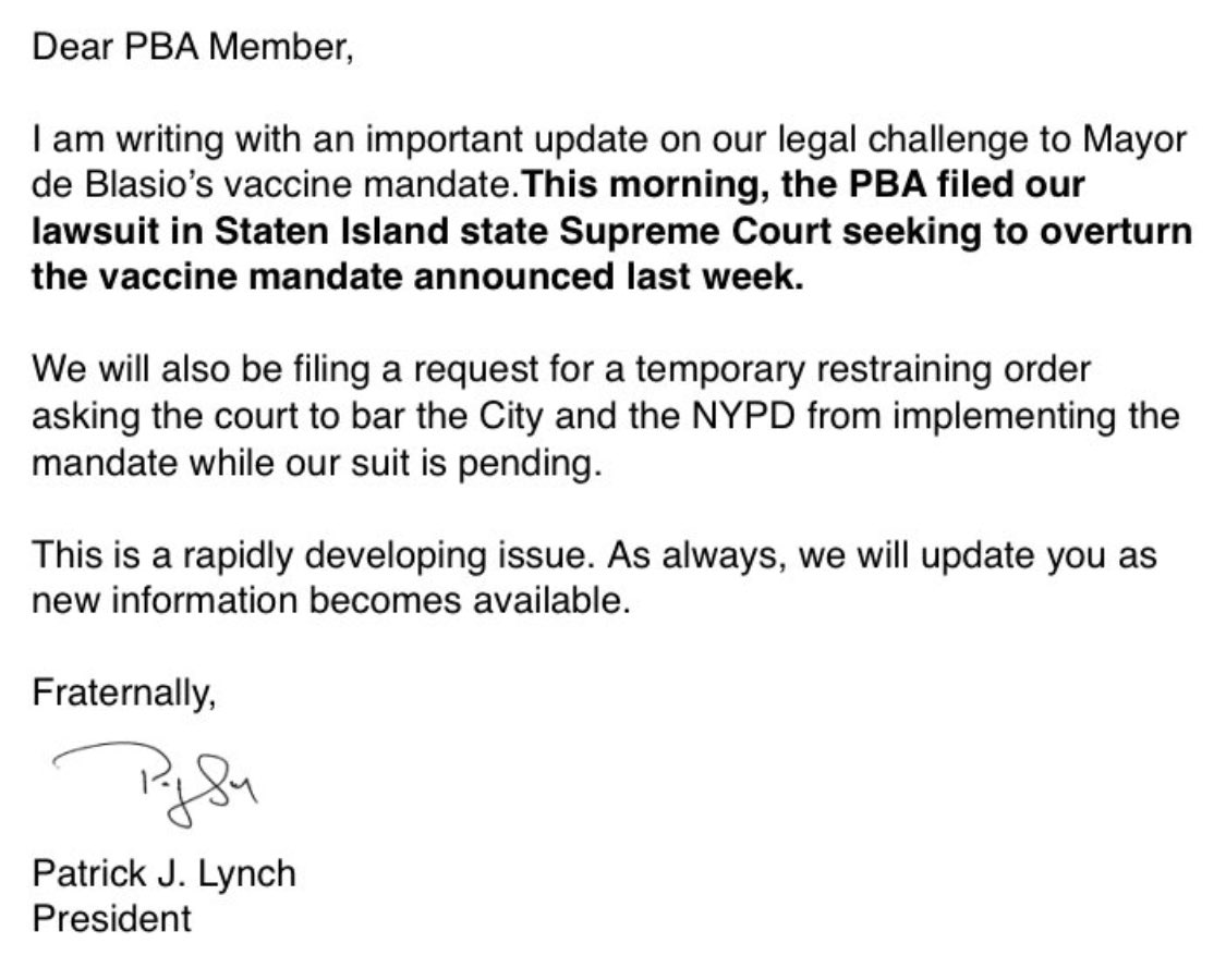 The NYPD’s largest police union has filed a lawsuit in Staten Island state Supreme Court seeking to overturn the mandate.