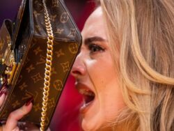 Adele cringes and hides behind her bag as her song is played at basketball game