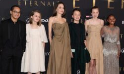 Angelina Jolie wears bizarre chin cuff as she brings kids Zahara, Maddox, Knox, Vivienne & Shiloh to Eternals premiere