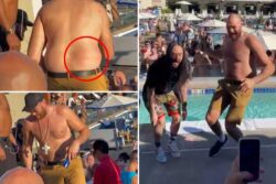 Tyson Fury parties by pool with wife Paris, brother Tommy and friends as he shows off scars of war with Deontay Wilder