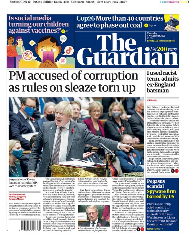 The Guardian - ‘PM accused of corruption as rules on sleaze torn up’