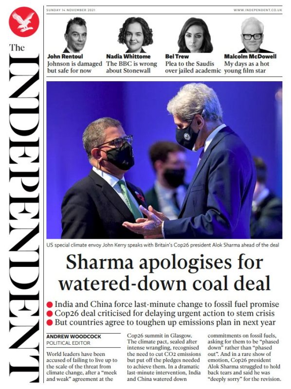 Sunday Papers: India and China 'thwart' COP26 deal