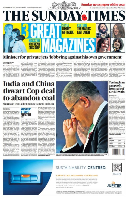 Sunday Papers: India and China 'thwart' COP26 deal