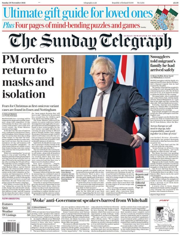  Sunday Papers - PM tightens rules as variant found in UK 