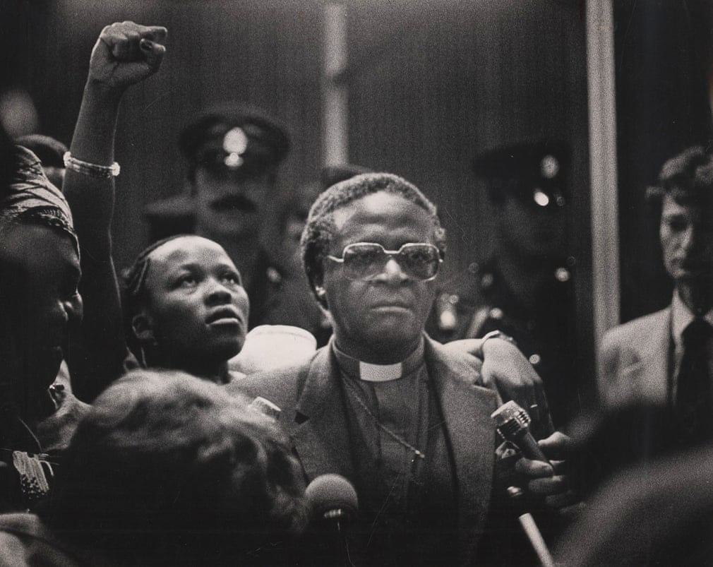 1981: Bishop Tutu at Jan Smuts airport, returning from his trip to the UN Photograph: Gallo Images/Getty Images
