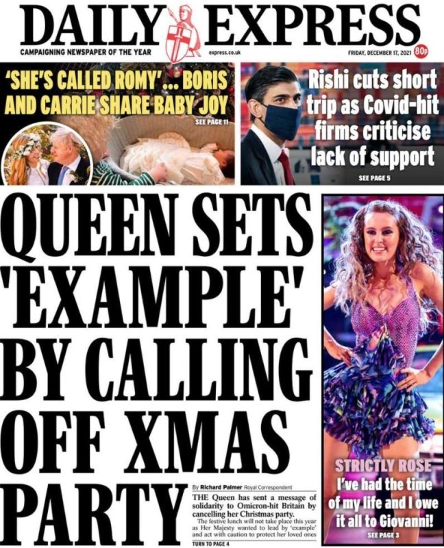 Daily Express - ‘Queen sets example by calling off Xmas party’
