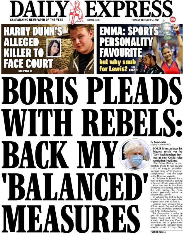 Daily Express - ‘Boris pleads with rebels to back balanced measures’