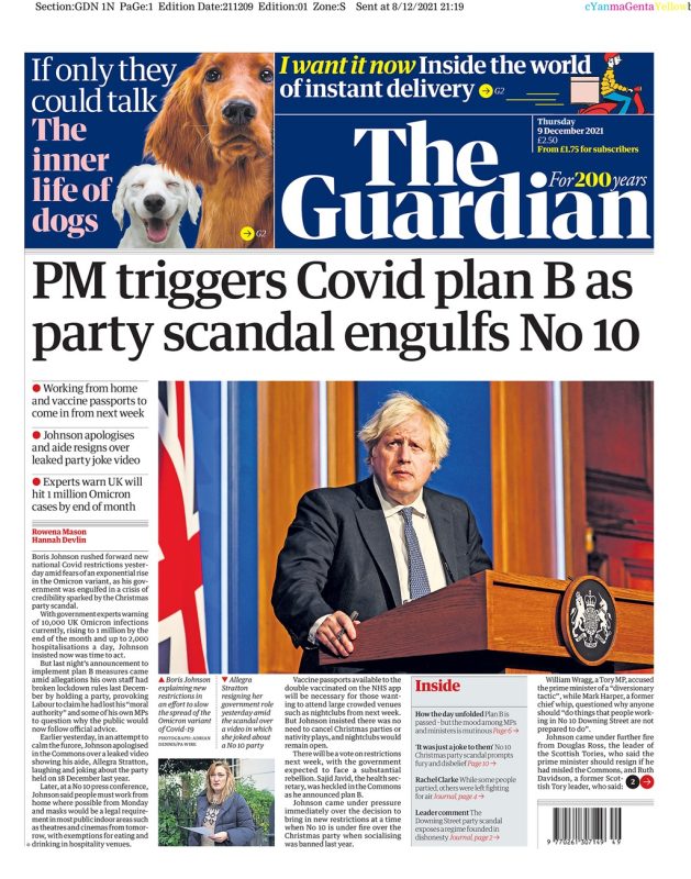 The Guardian - ‘PM triggers Plan B as party scandal engulfs No 10’