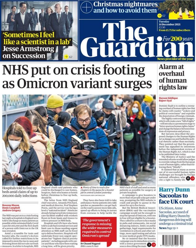 The Guardian - ‘NHS put on crisis footing as Omicron variant surges’
