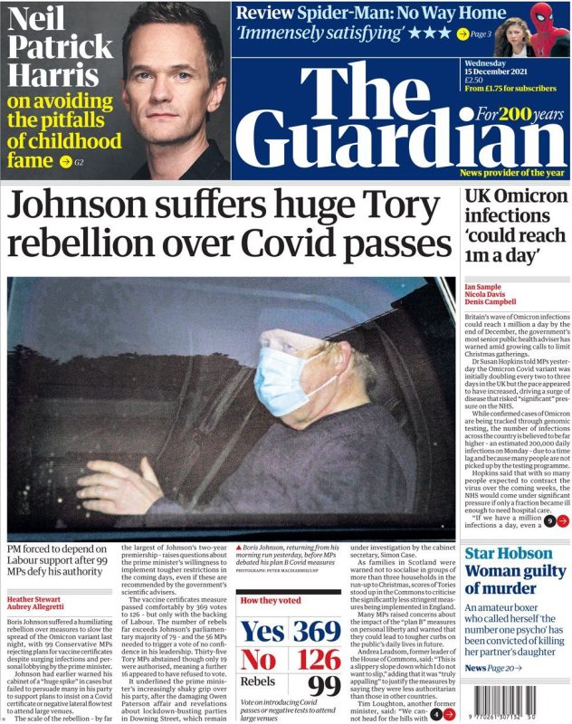 The Guardian - ‘PM suffers huge Tory rebellion over Covid passes’