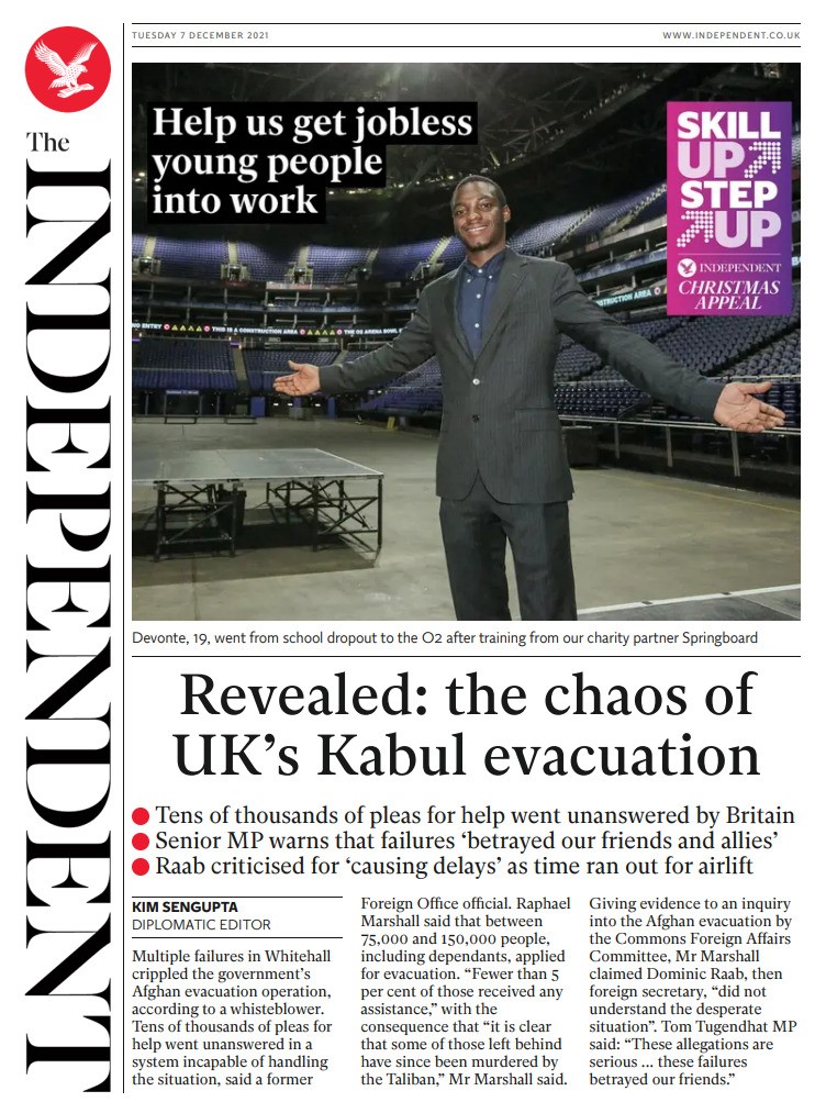 The Independent leads with a story about failures in Whitehall crippling the government’s Afghan evacuation operation