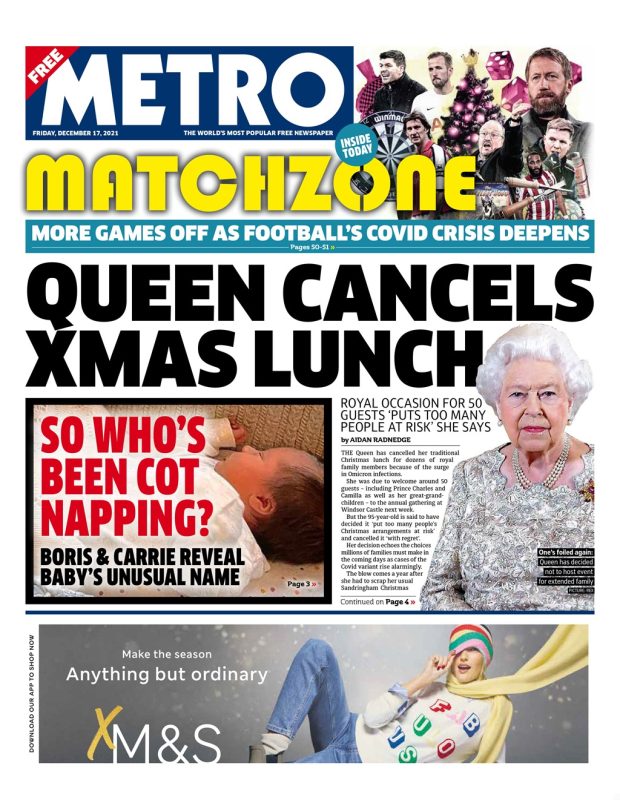 Metro - ‘Queen cancels Christmas lunch’