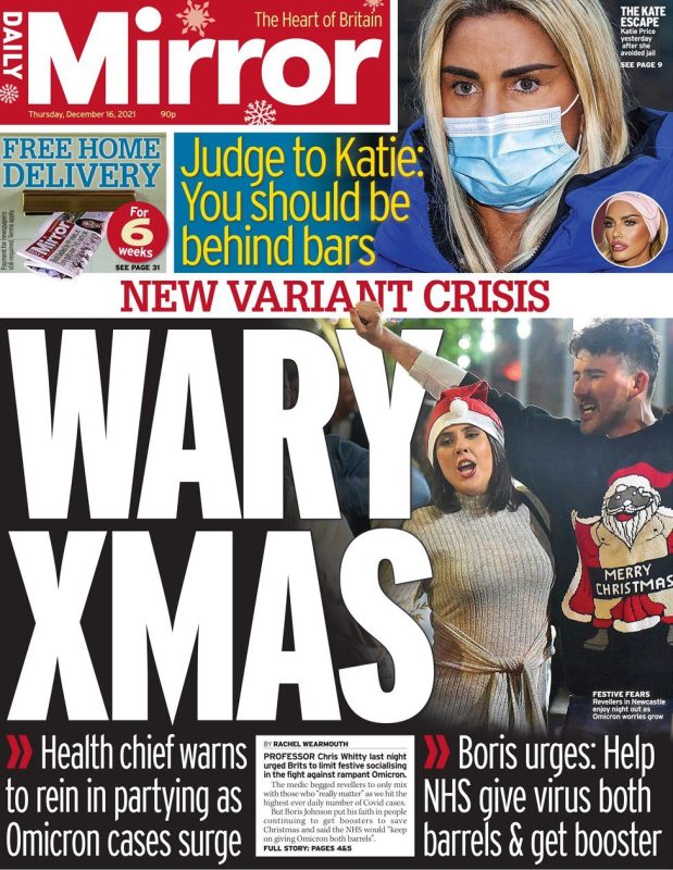 Daily Mirror - ‘New variant crisis - wary Christmas’