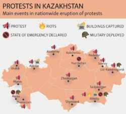A map of the rise of protests in the country of Kazakhstan