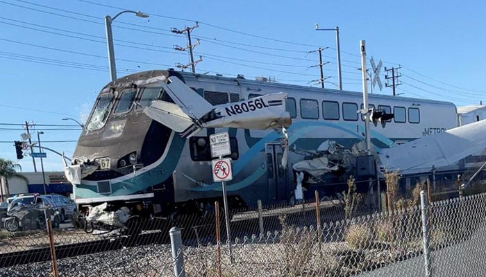 The moments just before a Plane hit by train after crashing on train tracks in California