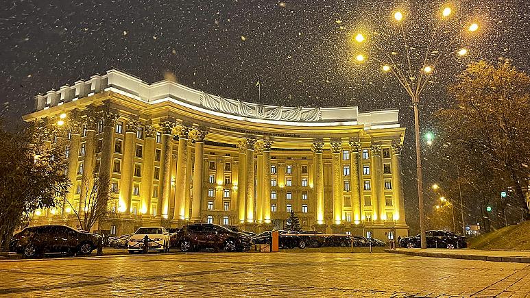 The Ukrainian Foreign Ministry is seen during snowfall in Kyiv - one of the places attacekd in last weeks cyber attack Russia Ukraine war latest