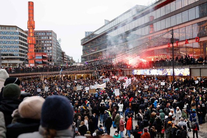 A image of protesters gathered in Sweden - as thousands gather in Europe to protest against vaccine passports