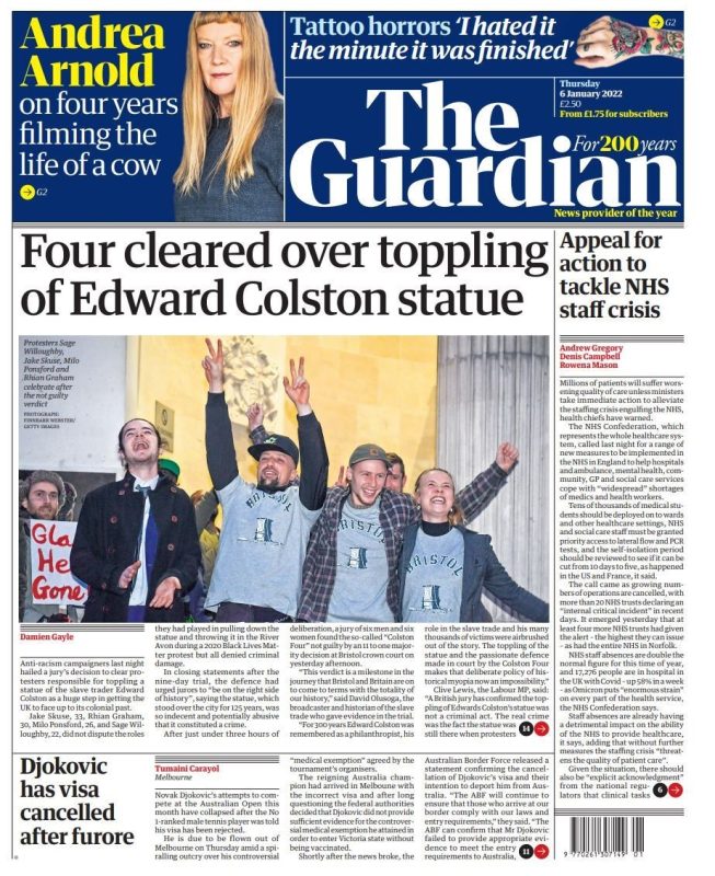 The Guardian - Four cleared of toppling of Edward Colston statue