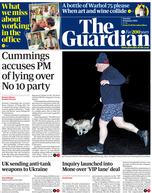 The Guardian - Cummings accuses PM of lying over No 10 party